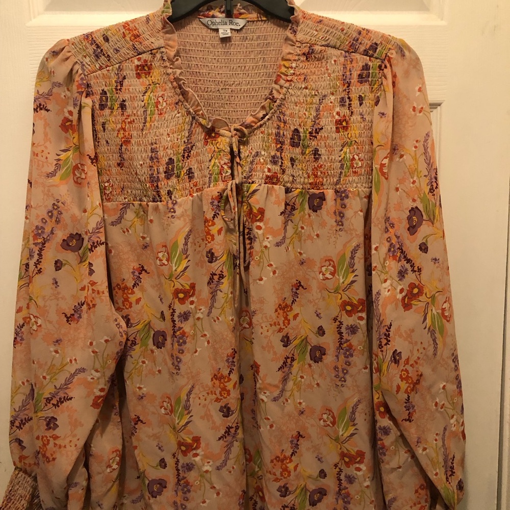 Cynthia Steffe Peach Floral Smocked Tie-Front Blouse